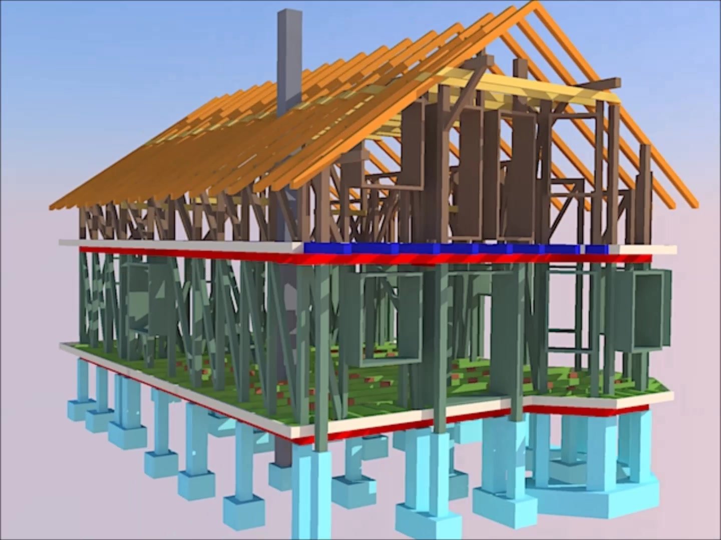 3D model dřevěné konstrukce patrového rodinného domu se sedlovou střechou: krov, stěny a stropy z dřevěných prvků na betonových patkách