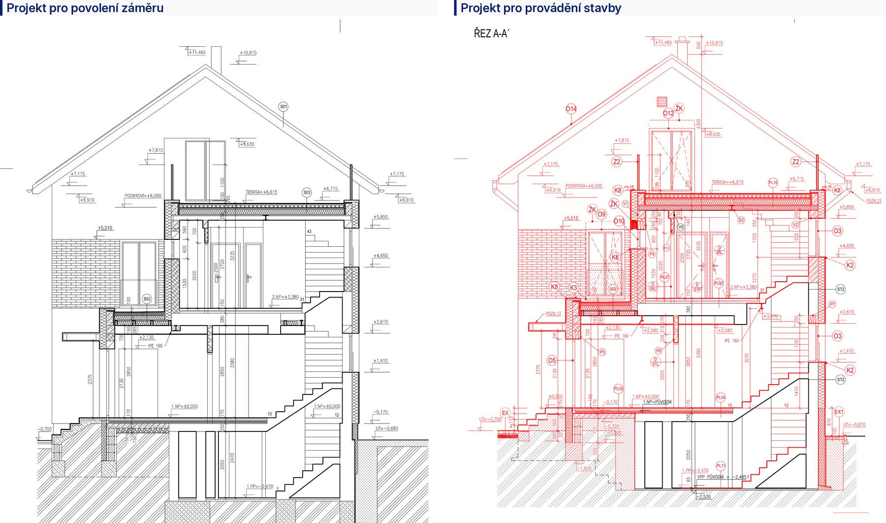 Srovnání řezu domem se schodištěm: vlevo v projektu pro povolení záměru, vpravo v projektu pro provádění stavby s výškovými kótami, značkami výrobků a označením podlah